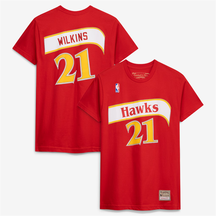 Men's Atlanta Hawks #21 Dominique Wilkins Red Hardwood Classics Team Name & Number T-Shirt